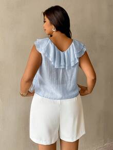 Auralis Áo kiểu công sở thanh lịch bằng vải lưới xuyên thấu mới, kiểu dáng bồng bềnh, thích hợp cho kỳ nghỉ hoặc đi làm, áo voan Tencel nhăn màu xanh dương, chất liệu xuyên thấu mềm mại. - Màu xanh lam - Xem 3