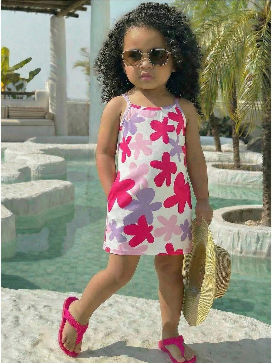 SHEIN 女婴碎花针织休闲吊带连衣裙 - 彩色 - 查看 1