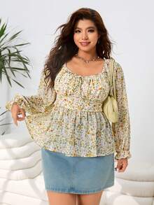 Solflare Plus Size Women's Vacation Ditsy Floral Front Tie Off Shoulder Long Sleeve Fashionable Blouse - Multicolor - View 7