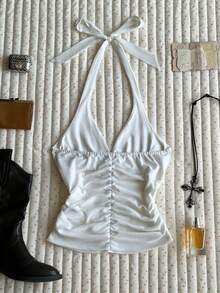 Tie-Up Neck Fitted Women Top - White - View 2