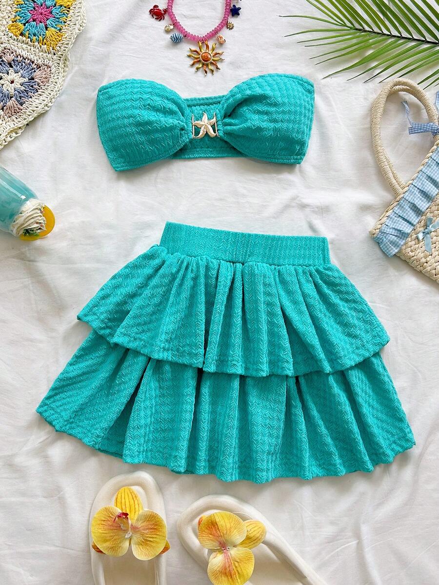 Soleia 春夏度假镂空海星金属抹胸露脐上衣和层叠迷你裙针织纹理两件套，适合度假、约会、下午茶、音乐节、波西米亚风度假等场合。 - 水鴨藍 - 查看 1