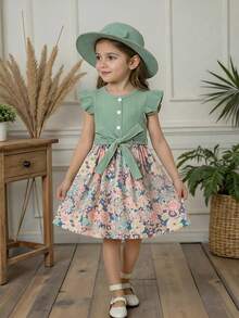 SHEIN Vintaside Kids Young Girl Floral Print Ruffle Trim Belted Dress & Accessory Hat - Multicolor - View 7