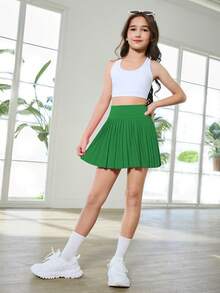 Tween Girls Knit Green Anti-Chafing Leggings, Pleated Skirt, High Elasticity Comfortable Cycling, Running, Training Moisture Wicking Absorbs Sweat - Green - View 4