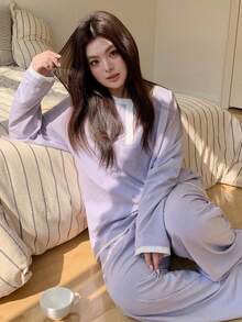 Dazy Plus Plus Size Contrast Trim Long Sleeve Top And Pants Pajama Set - Purple - View 8