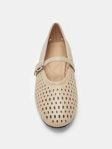 女士芭蕾舞鞋,透气镂空圆头玛丽珍鞋,米色 - 奶茶色 - 查看 5