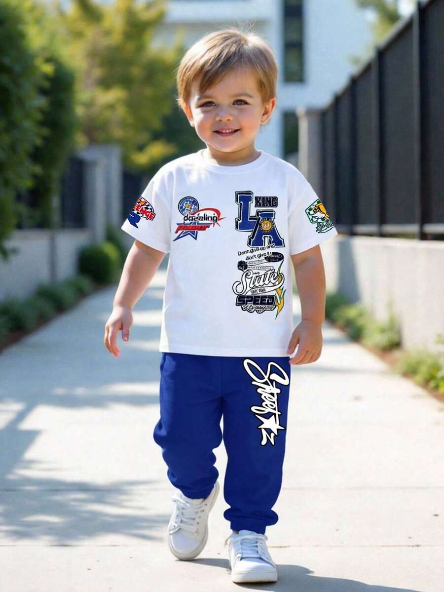 SHEIN Kleine Jungen Lässig Minimalist Klassische Mode LA, Stern, Farbblock, Sportlicher Stil Locker Bequemes Rundhals Kurzarm T-Shirt, Geeignet für Frühling/Sommer - Verschiedenfarbig - Übersicht 1
