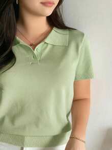 Dazy Plus Solid Color Polo Collar Fitted Short Sleeve Knit Top, Spring/Summer/Autumn - Mint Green - View 1