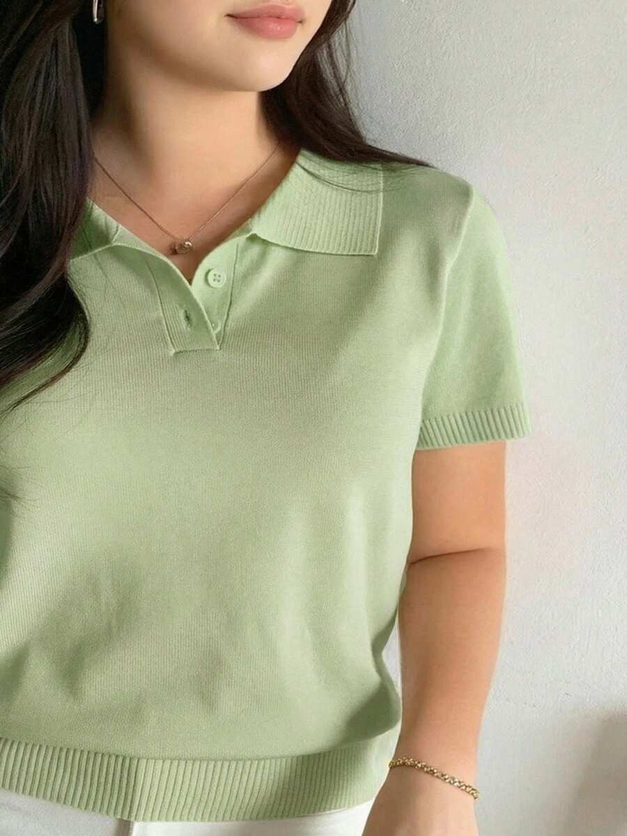 Dazy Plus Solid Color Polo Collar Fitted Short Sleeve Knit Top, Spring/Summer/Autumn - Mint Green - View 1