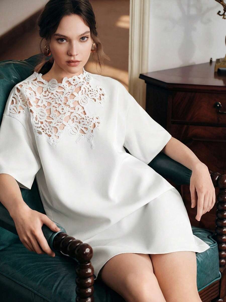 Anewsta Solid Color Loose Lace Patchwork Short Sleeve Straight Dress For Women - White - View 1