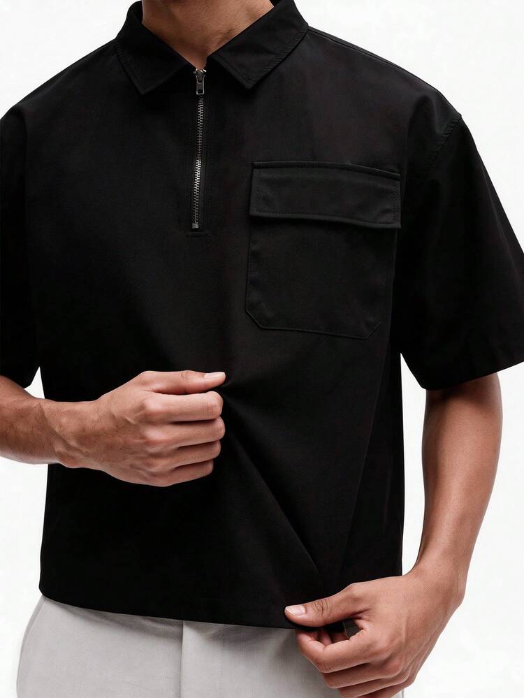 Short Sleeve Zip Collared Shirt With Pocket