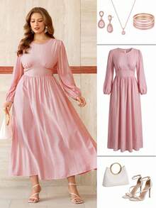 Roveilla Nuevo vestido elegante de manga farol de primavera/verano para mujer con cuello redondo, cintura ceñida y textura brillante y fluida - Rosa - Ver 8