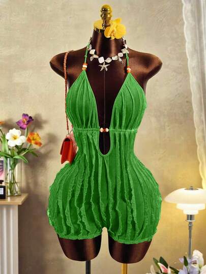 Mistrie 女士性感抹胸，深V领纹理面料，波西米亚串珠装饰，露背系带，纹理沙滩面料，连体裤，适合性感假期、海滩度假。