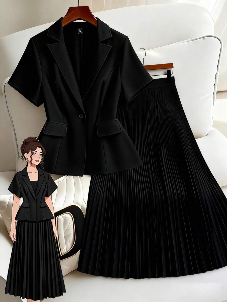 GlowEve CURVE Bộ vest công sở tay ngắn và chân váy xếp ly thanh lịch, cỡ lớn. - màu đen - Xem 1