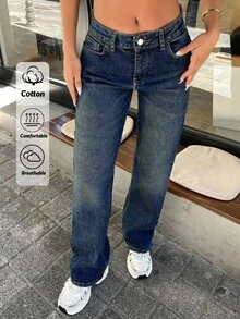 EURMUSE 96% CottonSTRAIGHT LEG MID WAIST JEANS - Medium Wash - View 1