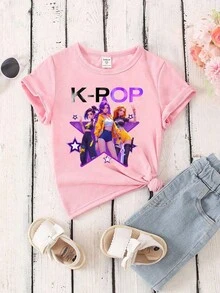 少女休闲卡通印花圆领短袖T恤，夏季 - 粉色 - 查看 3