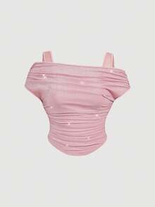 SHEIN MOD Áo nữ cỡ lớn kiểu trễ vai lưới 2 trong 1, thích hợp mùa hè/xuân. Áo cỡ lớn màu hồng nhạt lấp lấp, kiểu trễ vai, thân áo xếp ly, hoàn thiện lấp lánh, cổ áo bất đối xứng, vải co giãn mềm mại, hiệu ứng lấp lánh, dáng áo thanh lịch, eo ôm sát, xếp ly nhẹ nhàng, chất liệu tinh tế, thiết kế nữ tính, viền bóng nhẹ, cảm giác nhẹ nhàng. - Hồng - Xem 6