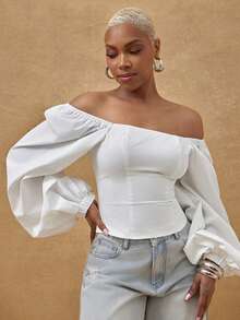 Vixey Enfärgad vävd blus med puffärmar och volym - Vitt - Visa 1