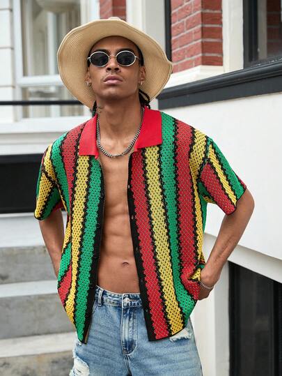 GALLERY FADE Áo thun nam tay ngắn kẻ sọc cổ khóa kéo kiểu dáng thường ngày