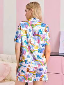 SHEIN X Care Bears Women's Cartoon Print Button-Up Short Sleeve Top And Shorts Casual Loungewear Pajama Set - Blue - View 2