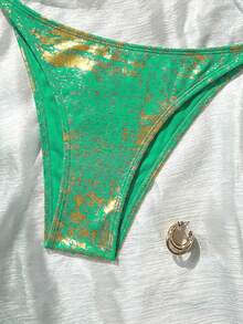 SHEIN Swim Bộ bikini hai mảnh gợi cảm buộc dây cổ màu kim loại dành cho nữ mùa hè, gồm bikini và quần tam giác. - màu xanh lá - Xem 6