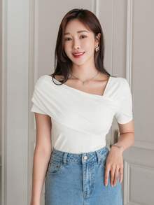Women Summer Asymmetrical Collar Pleated Plain Short Sleeve T-Shirt,Crop Tops Women - White - View 9