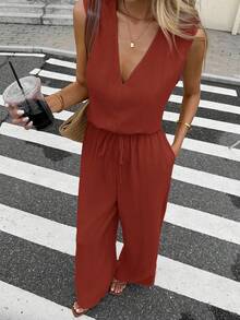Serisse 女士纯色V领系带休闲连体裤 - 紅木色 - 查看 4
