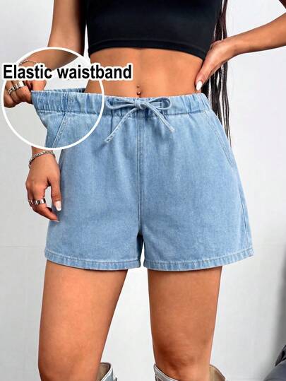 Music Festival Versatile Casual Vacation Elegant Fashion Style Women's Elastic Waist Loose Blue Denim Shorts, Spring/Summer Teen Girls Boho Vacation Holiday Outfits,Suitable For Spring And Summer,Season Vintage/Beach/Sea/Elegant Graduation Outfit,Casual Women's Jumpsuit,Summer Holiday Outfits ,Spring Clothes Outfit,Beach Outfits For Women,Vacation Outfits Women,Valentine's Day Outfit,,Summer Cute Jumpsuit Jeans Short