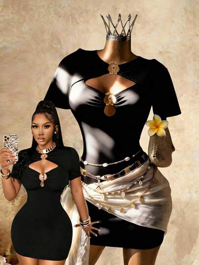 Elin Vora 女士夏季纯黑色金属扣圆领镂空短袖修身连衣裙，性感优雅，百搭时尚，适合都市、办公、社交场合穿着。