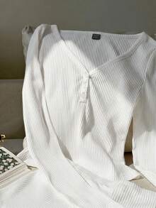 SHEIN EZwear 女士夏季休闲长袖上衣和短裤两件套，白色 - 白色 - 查看 4