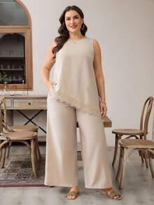 SHEIN Essnce 大码女装春夏时尚休闲宽松舒适日常基础款蕾丝边背心上衣和阔腿裤杏色两件套，夏季套装，裤装套装，度假服装 - 卡其色 - 查看 1