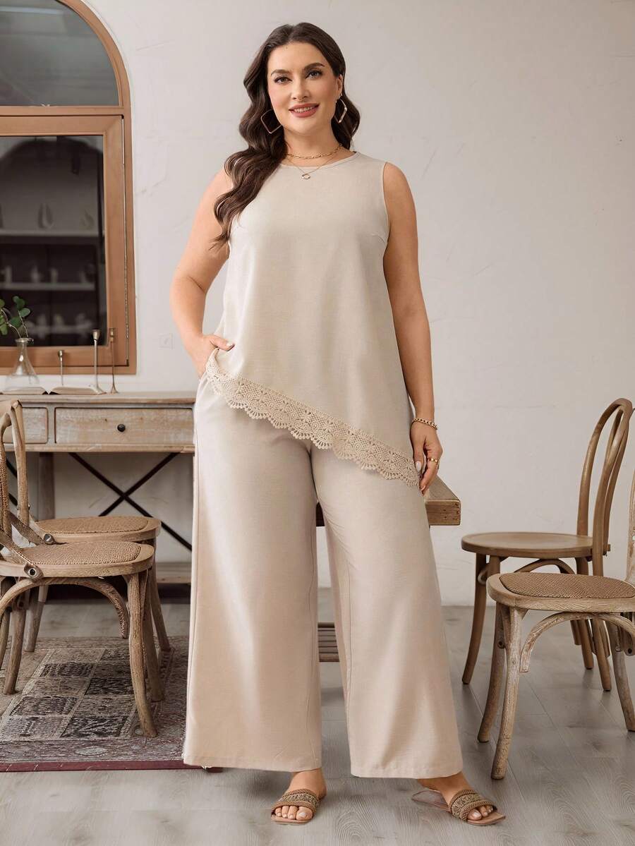SHEIN Essnce 大码女装春夏时尚休闲宽松舒适日常基础款蕾丝边背心上衣和阔腿裤杏色两件套,夏季套装,裤装套装,度假服装 - 卡其色 - 查看 1