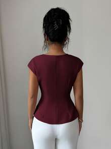 Elenzga 女士春季户外套装，适合新年、情人节、复活节、母亲节、中东派对、婚礼、优雅法式甜美浪漫度假职场等场合，船领无袖收腰喇叭下摆常规无袖衬衫，粉色 - 酒紅色 - 查看 2