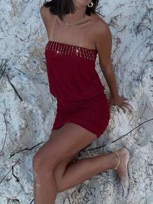 Aloruh Burgundy Strapless Dress, Y2K Style Vacation Fringe Decor Burgundy Knit Dress - Burgundy - View 5