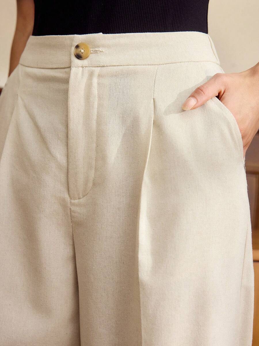 Vintamour Pantalon vintage classique élégant pour femme, fermeture à boutons ajustée avec poches, couleur beige, printemps/été - Nude - Voir 1