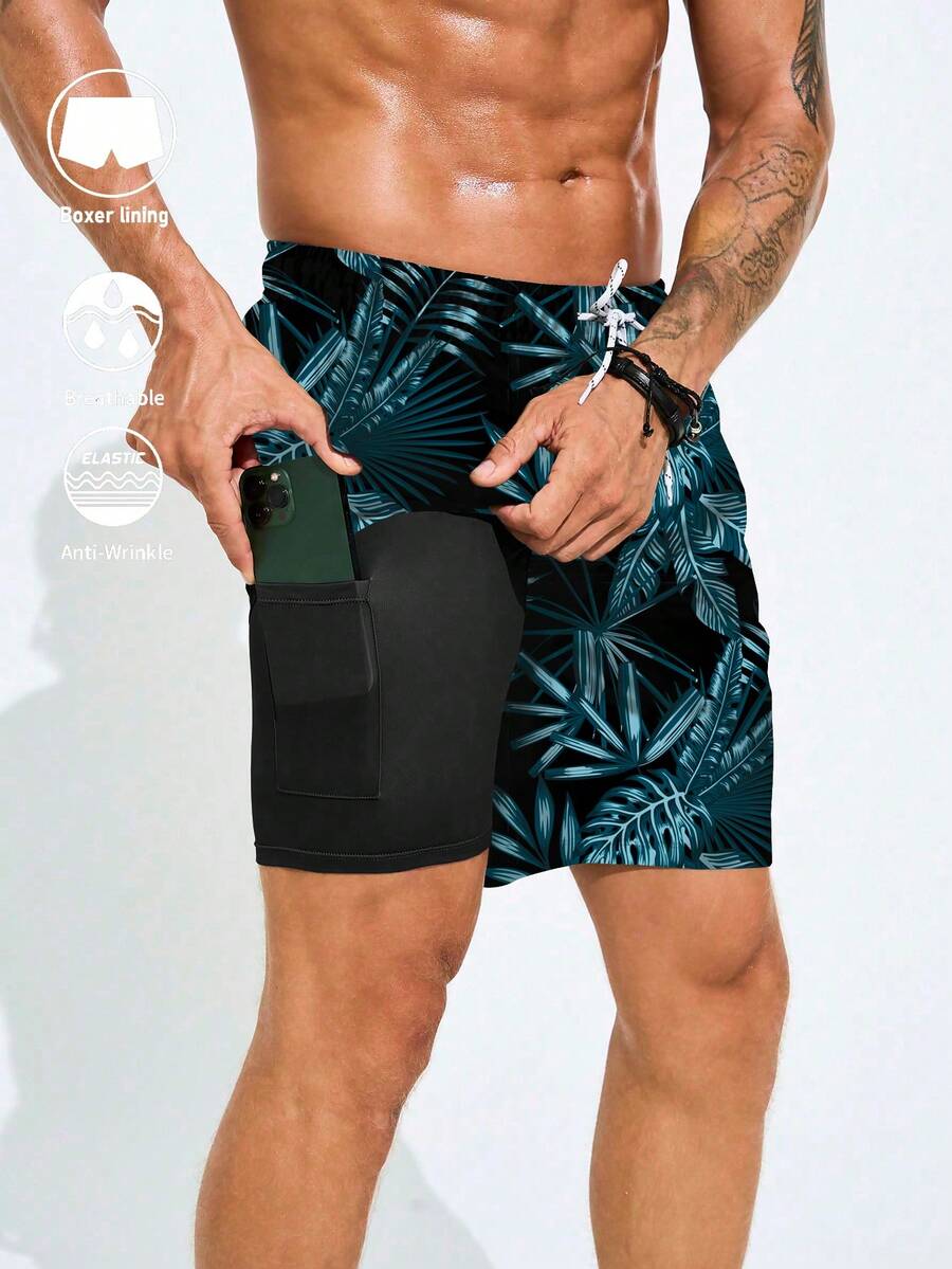 CoralVoy Men's Tropical Plant Print Drawstring Waist Double-Layer Beach Shorts, Holiday - Multicolor - View 1