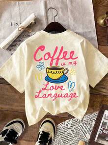 EMERY ROSE Áo thun nữ in hình "Cà phê", cổ tròn, tay ngắn, kiểu dáng đơn giản và dễ phối đồ cho mùa hè. - Màu be - Xem 2