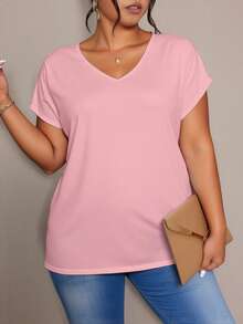 EMERY ROSE Plus Size Women's Summer Solid V-Neck Short Sleeve Casual T-Shirt Clothes For Ladies - Multicolor - View 3