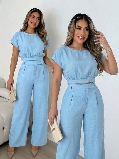 Xyvia Women's Blue Solid Color Round Neck Cropped Top And Straight Leg Pants Set, Front Diagonal Placket Design, Elegant And Chic, Suitable For Carnival, Workplace, Teacher Outfit, Conference, Casual, Vacation, Summer Wear