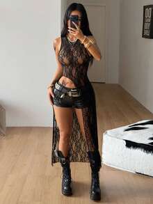 Coolane 女士春夏街头风演唱会穿搭 Y2K 派对休闲装蕾丝弹力抹胸无袖开衩长款上衣 - 黑色 - 查看 3