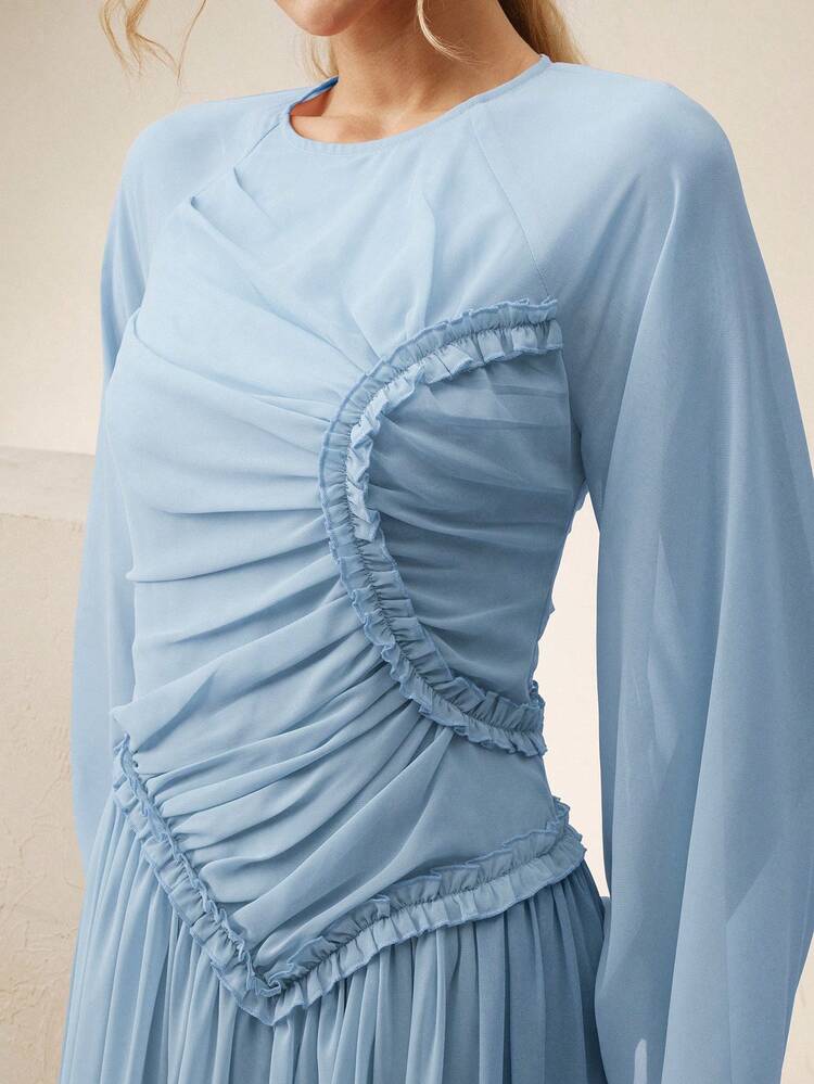 High-Quality Fashionable Elegant French Pleated Waist Dress, Niche Design Flare Sleeve Round Neck Formal Gown, Commuting & Party Graceful