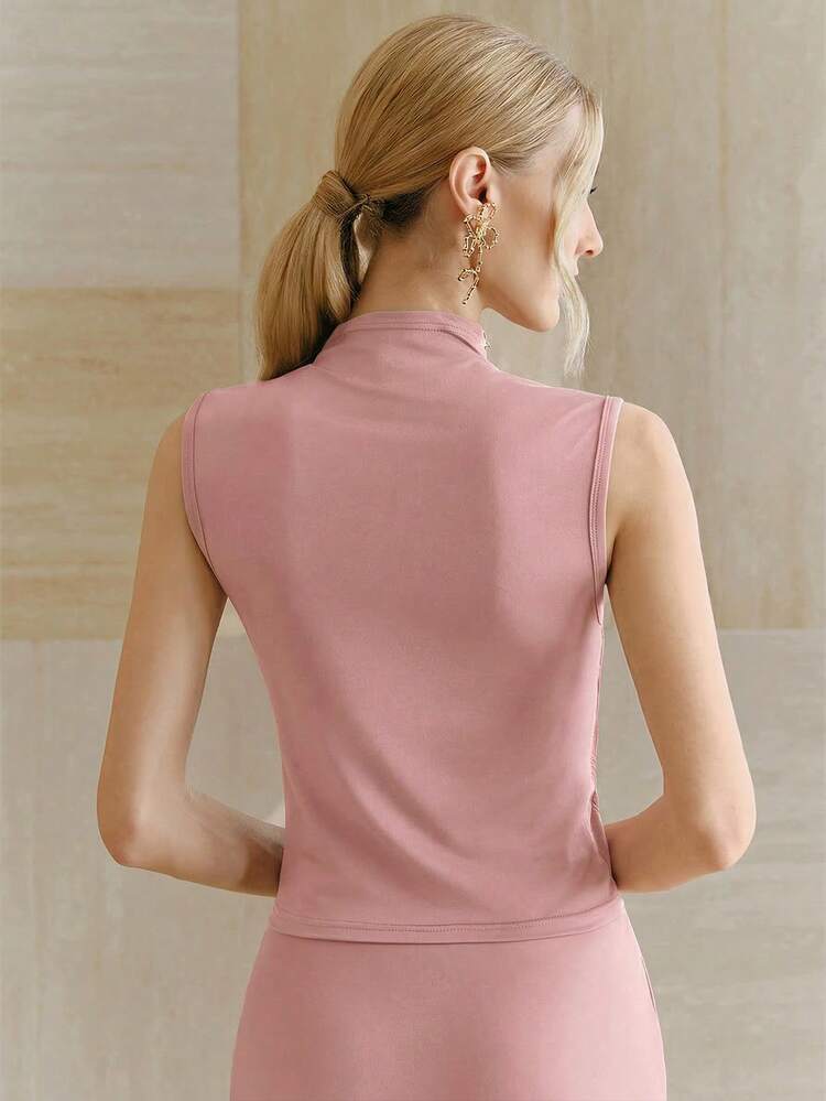 モダンレトロ ピンク ハイエンド ノースリーブ タートルネック フリンジ スプライス ベストトップ レディース