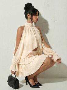 SHEIN Glamour French Romantic Fairy-Like Style, Loose Batwing Shoulder + Cropped Waist Design Cover Up, Flattering Shoulder Area While Adding Subtle Sexiness Through Exposed Midriff, Multi-Layer Ruffle Skirt Design Elongates Leg Lines, Women's 2-Piece Set Suitable For Casual, Daily, Commuting, Hanging Out With Friends - Apricot - View 1