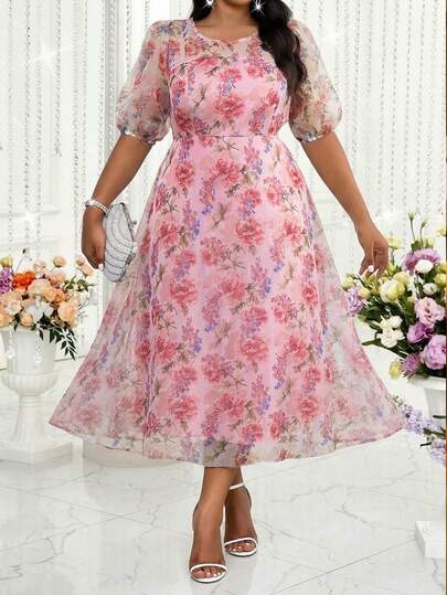 SHEIN Lady Đầm dự tiệc/hẹn hò cổ tròn in hoa dành cho nữ cỡ lớn