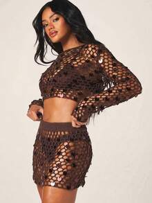 MISSGUIDED Rok Mini Jala Berpayet untuk Wanita, Pakaian Pesta Pantai Jala - Coklat - View 4