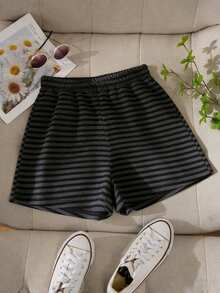少女松紧腰条纹休闲短裤 - 黑色 - 查看 6