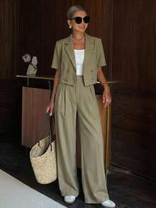 Women Two Pieces Short Sleeve Suit Jacket And Suit Pants Casual Loose Commute Set Business Attire - Green - View 9