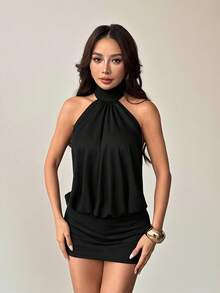 SHEIN PETITE Elegant Sleeveless Black Mini Dress With Ruched Detail And Cold Shoulder Style Halter Neck Dress Black Dress Halter Top Black Halter Dress,Black Dresses Classy Elegant ,Party Dress High Neck Dress Halter Neck Tops For Women - Black - View 6
