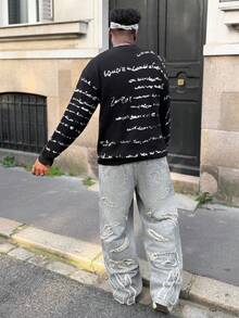 Heavens Edit 男士休闲街头风格刺绣破洞牛仔裤，蓝色 - 中等水洗藍 - 查看 2