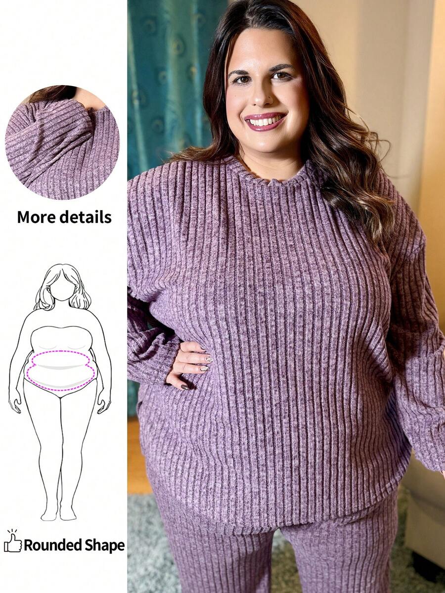Enliva 2pcs Plus Size Solid Color Rib Knit Long Sleeve Top And Pants Set, Casual Autumn, For Apple Rounded Body Shape - Purple - View 1