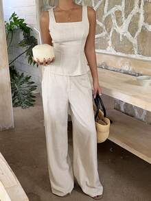 SHEIN EZwear Bộ đồ công sở nữ màu mơ dệt kim, gồm áo và quần, kiểu dáng hở lưng, không tay. - Màu be - Xem 4